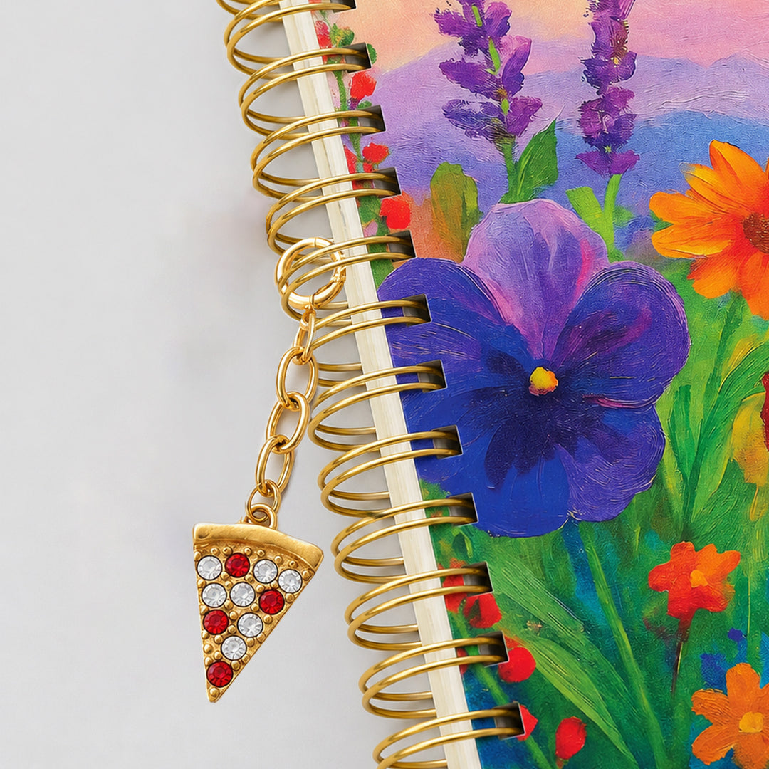 planner with a pizza charm and floral design on the cover 