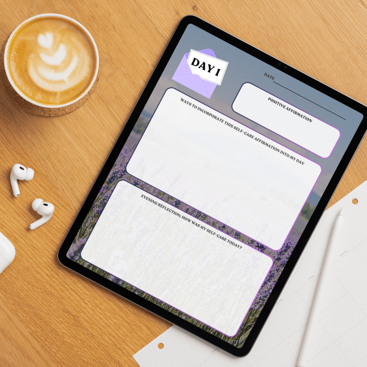 Tablet displaying a positive affirmation challenge entry on a wooden table with a cup of coffee and earbuds.