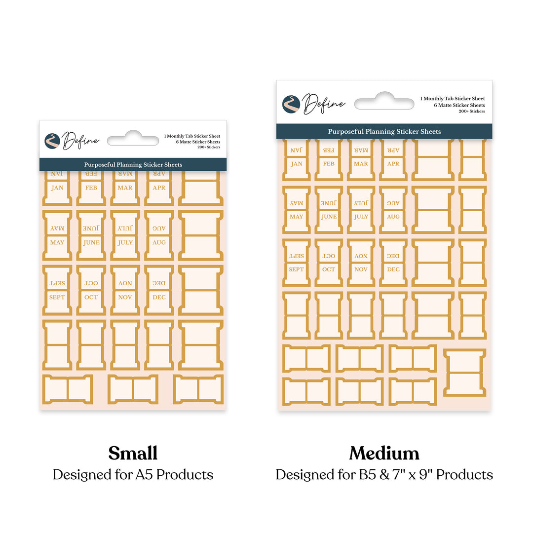 Two packages of Define brand planner stickers, one small and one medium, on a white background.