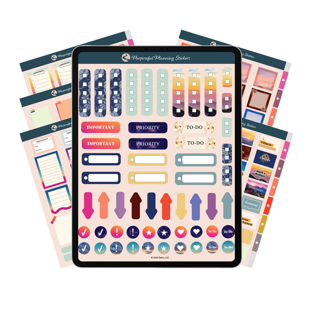 Purposeful Planning Digital Stickers – 175+ Stickers displayed on 6 colorful sheets with icons, labels, arrows, and planning tools for digital planners.
