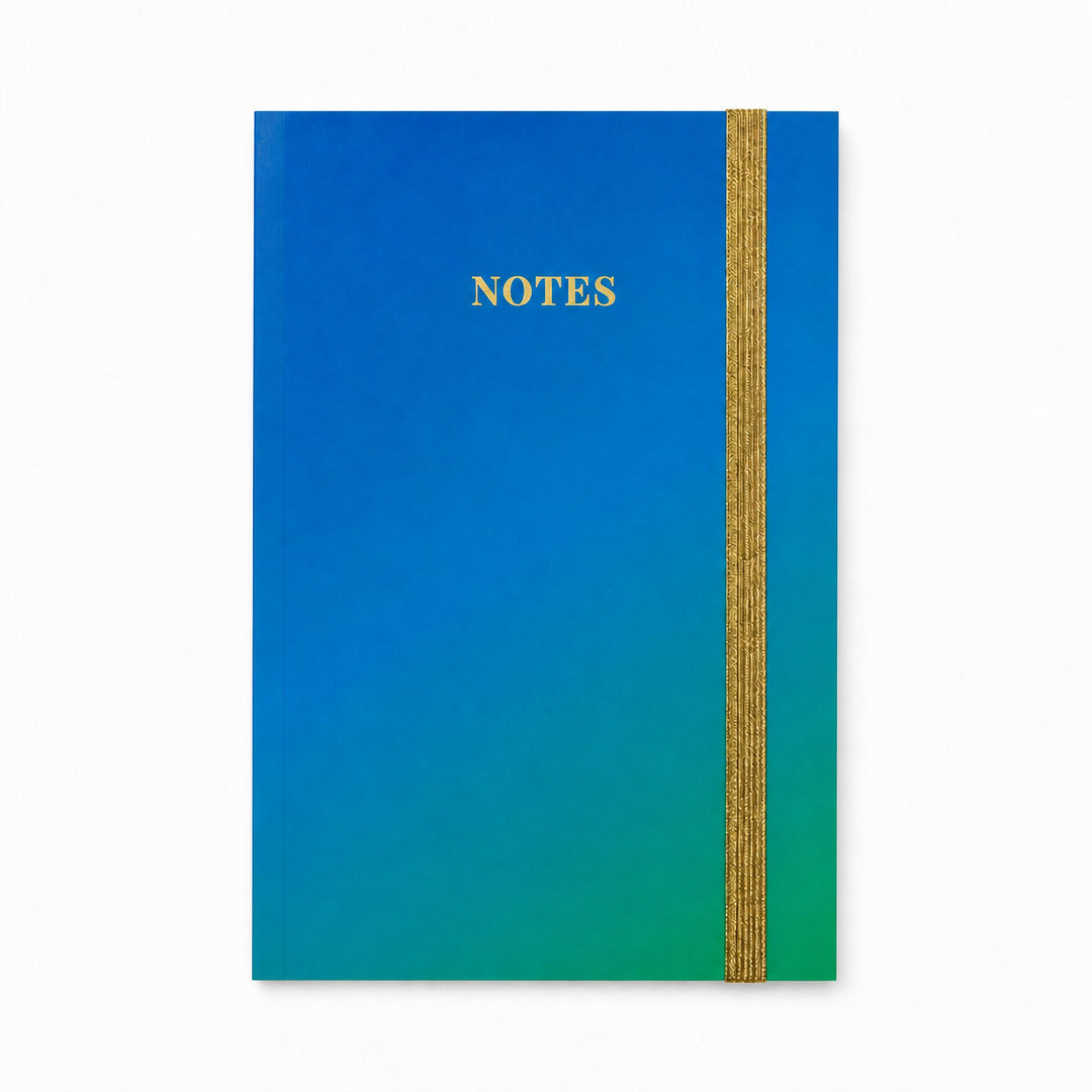 Blue and green notebook with a gradient effect and text on a white background 