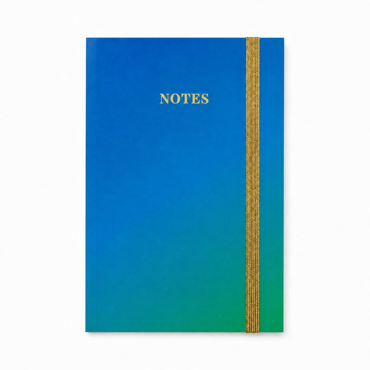 Blue and green notebook with a gradient effect and text on a white background 