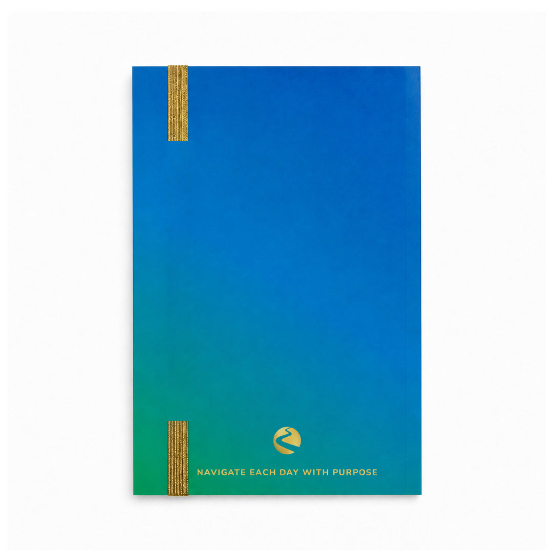 Blue and green notebook with a gradient effect and text on a white background 