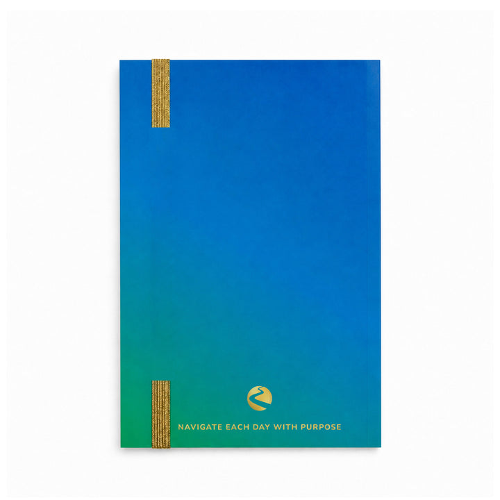Blue and green notebook with a gradient effect and text on a white background 