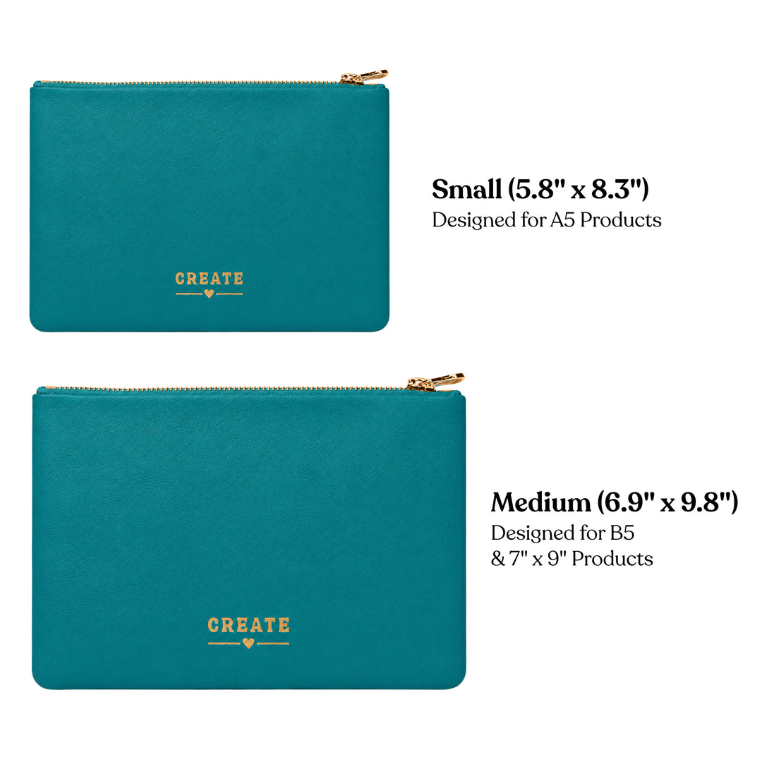 Two teal pouches with gold zippers and &