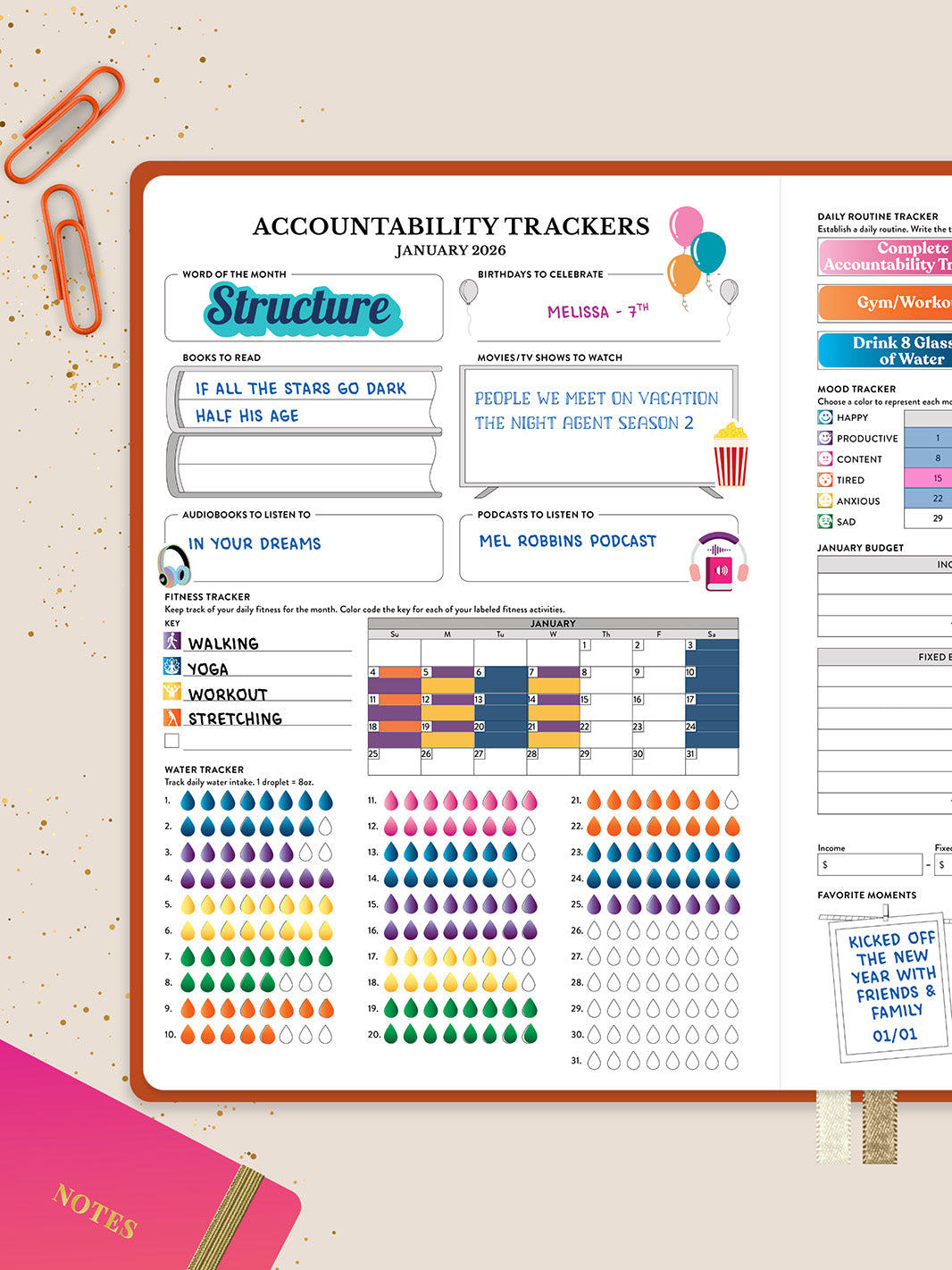 Accountability tracker with colorful design on a tan background
