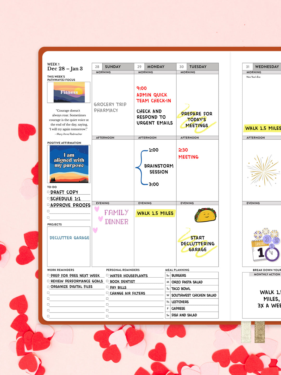 Weekly calendar layout with colorful design on a pink background with heart shapes