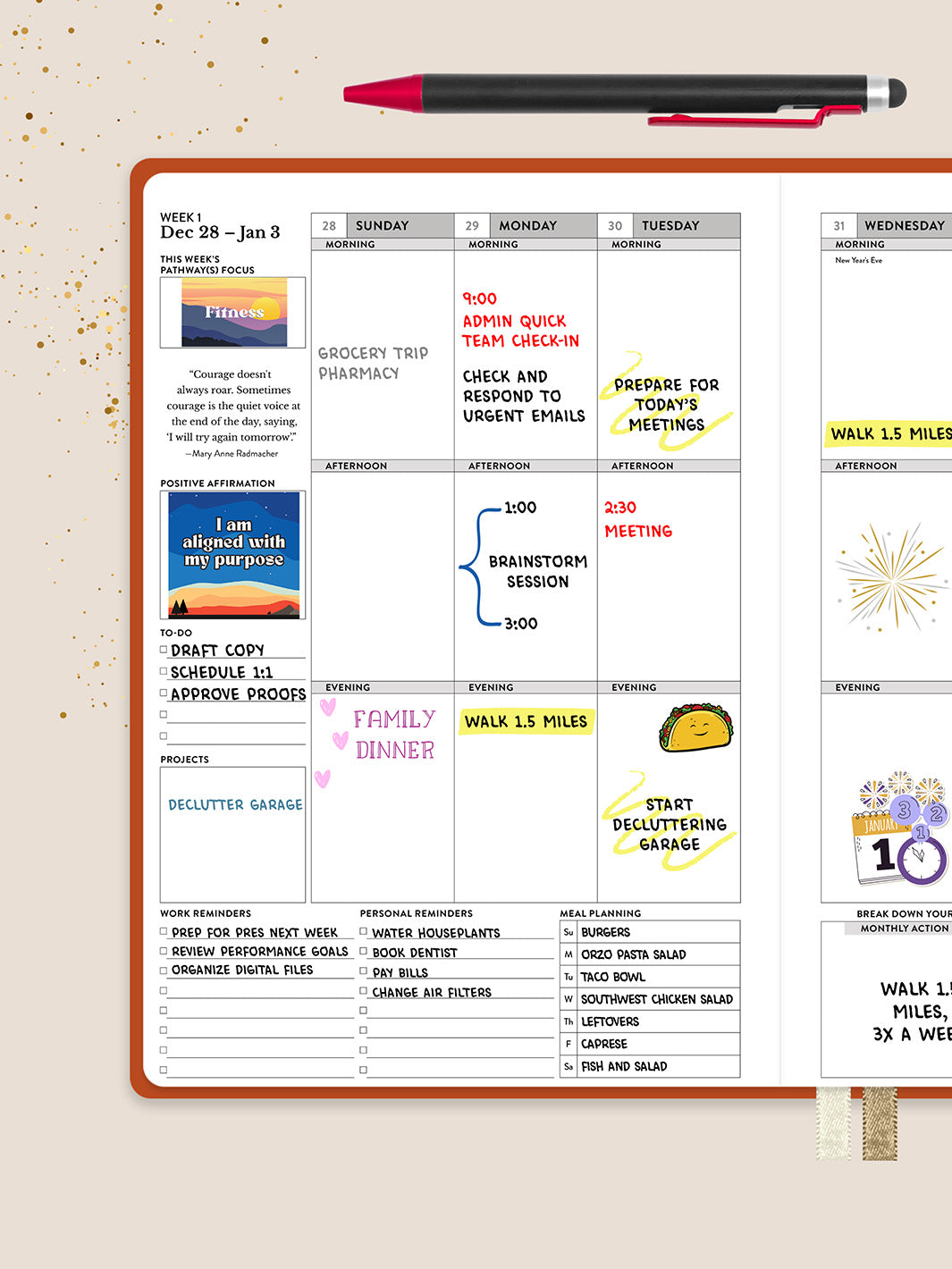 Weekly planner with tasks and events on a tan background