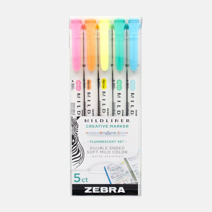 Zebra Mildliner Fluorescent Markers, 5-pack