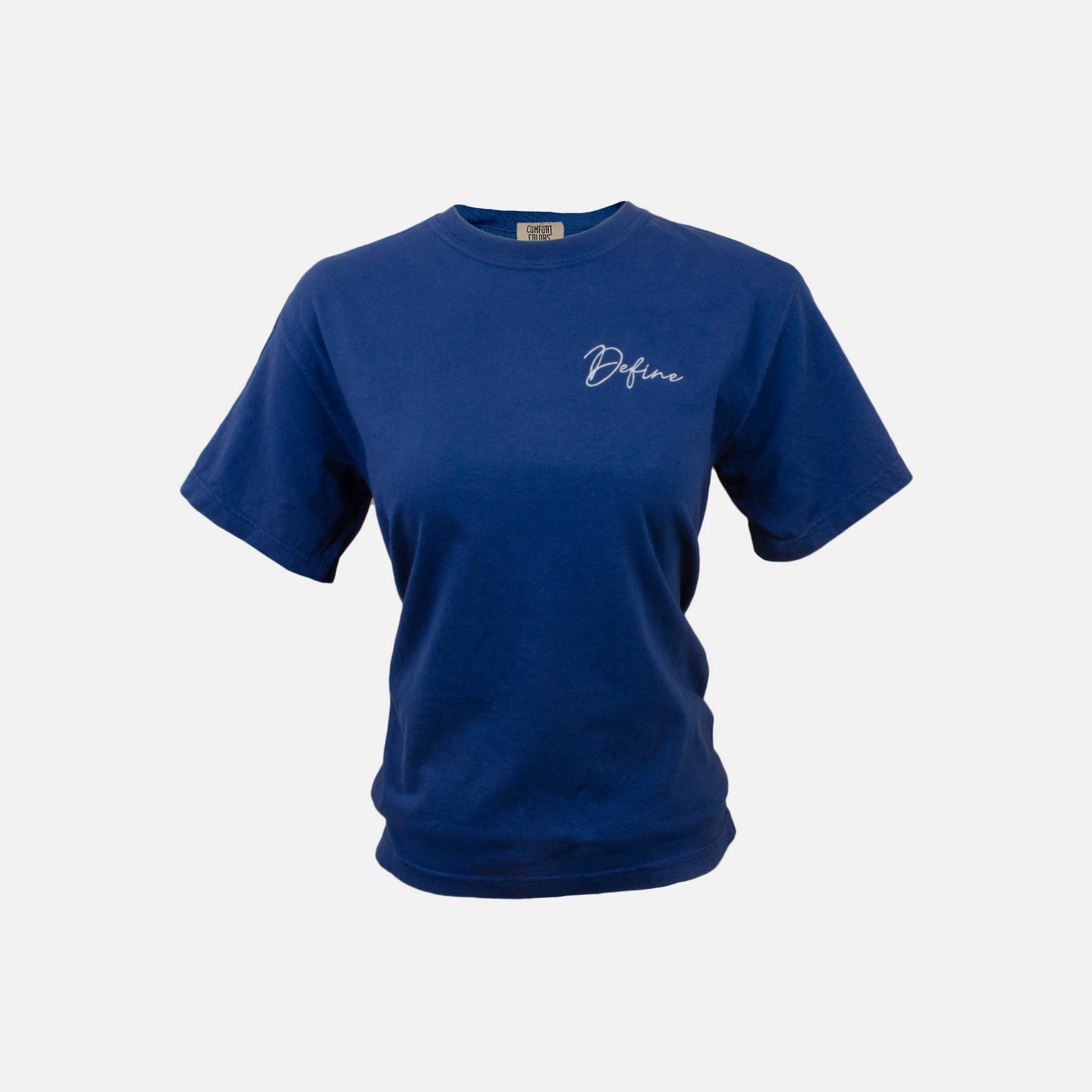 front of cobalt blue t-shirt with define embroidered on the left chest. #color_cobalt-blue