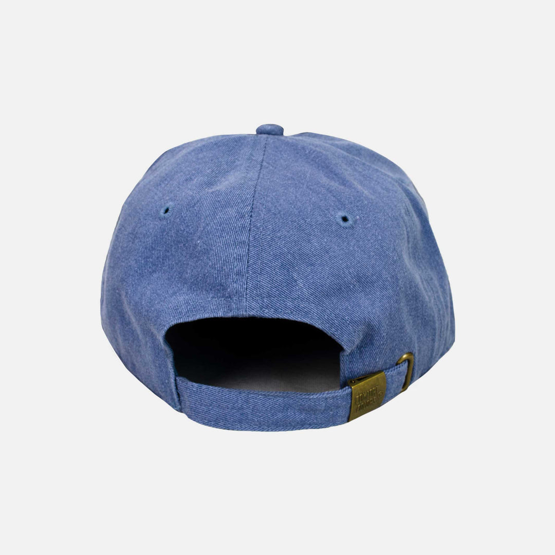 Back of the blue jean colored hat with define embroidered brandmark. #color_blue-jean