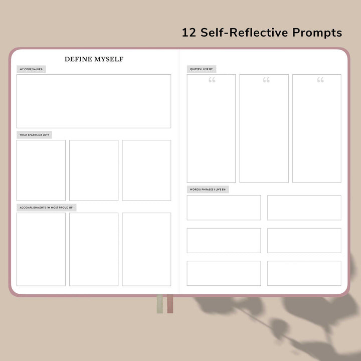 12 self reflective prompts to list your accomplishments, favorite quotes, and core values. #color_dusty-rose
