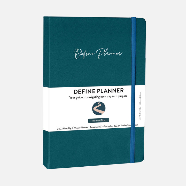 blue 2022 monthly and weekly planner. a5 size, blue elastic band closure, and runs from january 2022 to december 2022. #color_balanced-blue
