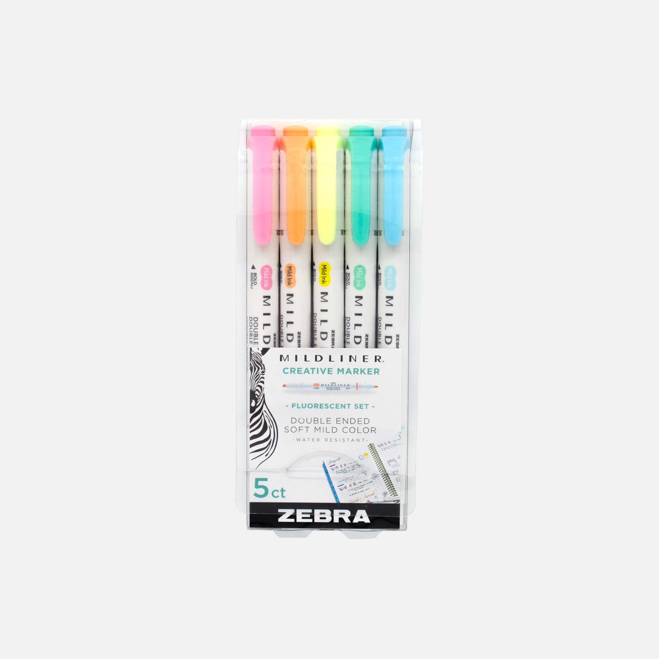 Zebra mildliner creative marker 5 pack. Fluorescent set of double ended soft mild colors and water resistance.