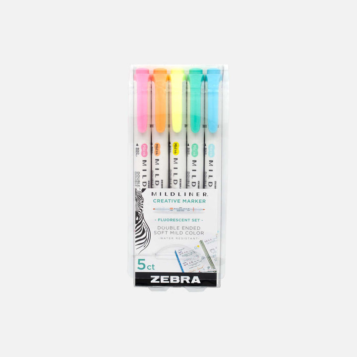 Zebra mildliner creative markers. Fluorescent set with double ended soft mild color and water resistance.