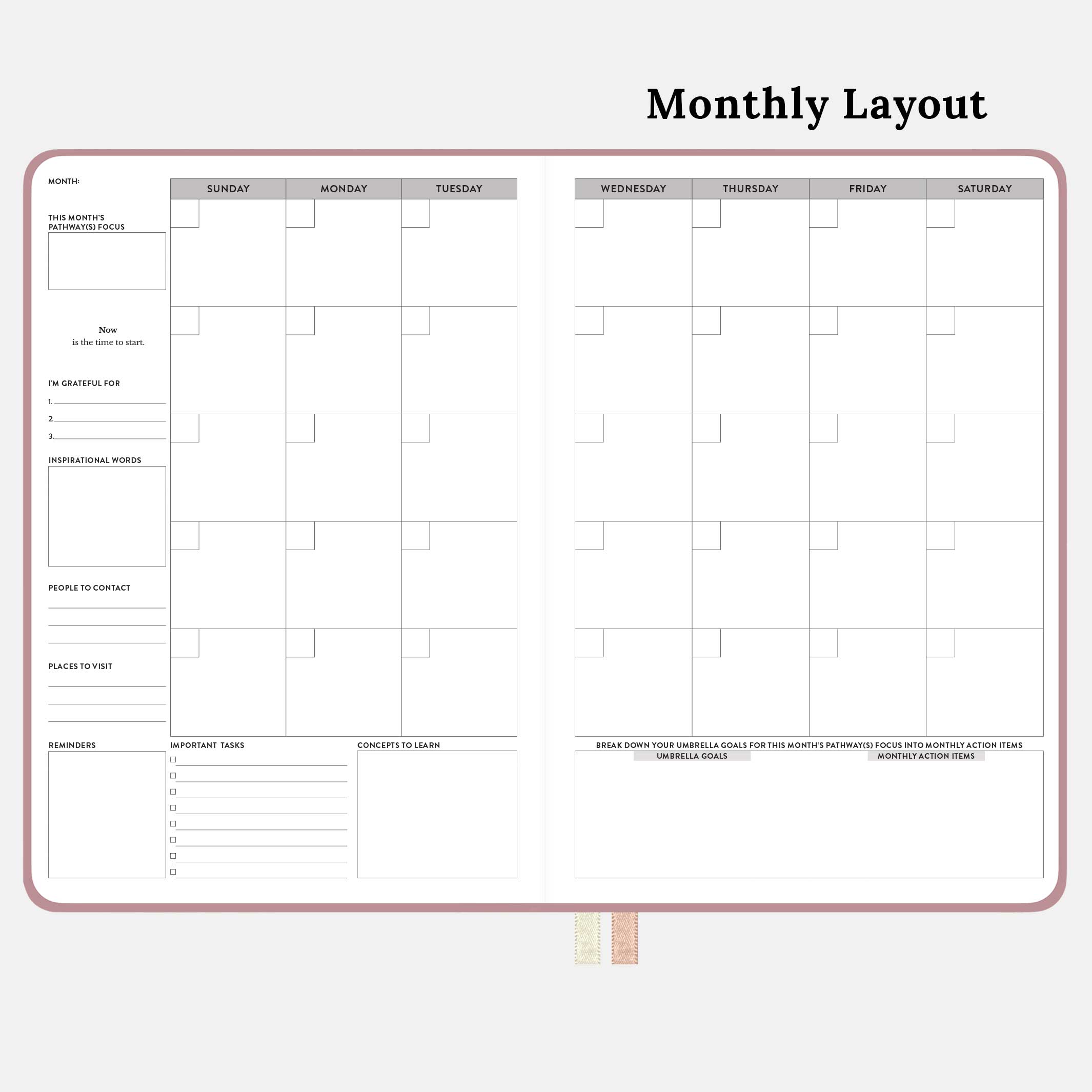 Monthly spread of the pink 12 month undated monthly and weekly planner. #color_dusty-rose