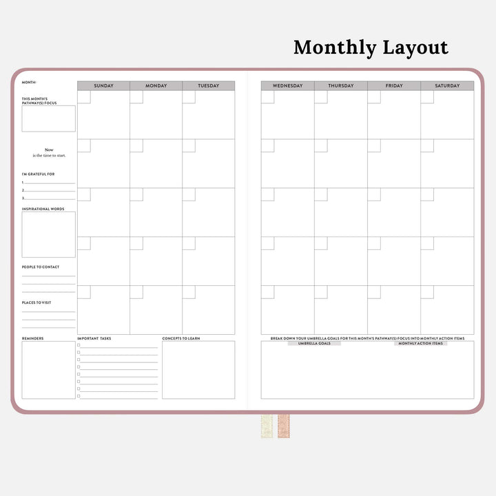 Monthly spread of the pink 12 month undated monthly and weekly planner. #color_dusty-rose