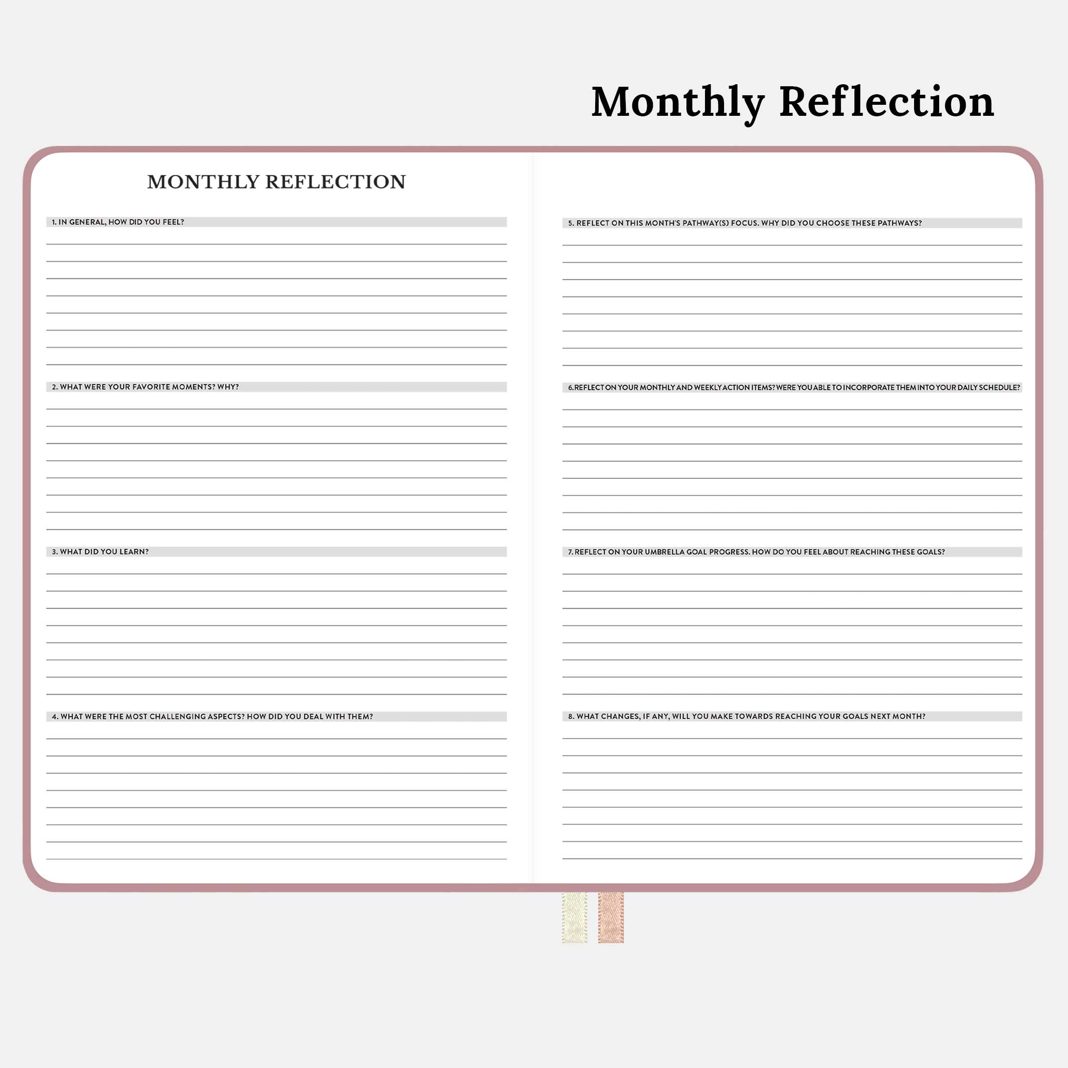 monthly reflection in the pink 12 month undated monthly and weekly planner.#color_dusty-rose