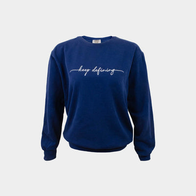 Front of the navy blue comfort colors crewneck sweatshirt with "keep defining" embroidered across the chest. #color_true-navy