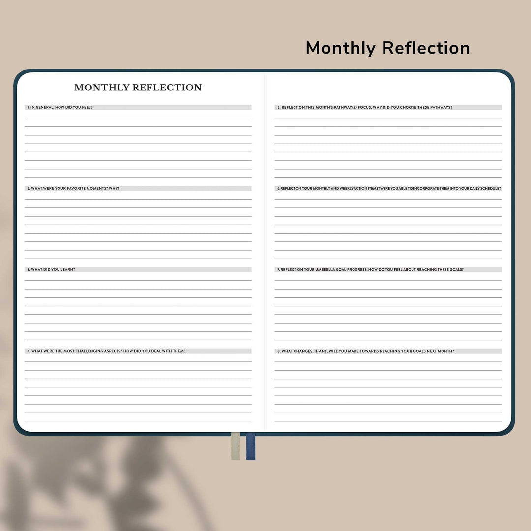 monthly reflection with introspective questions on the blue 2022 monthly and weekly planner.#color_balanced-blue