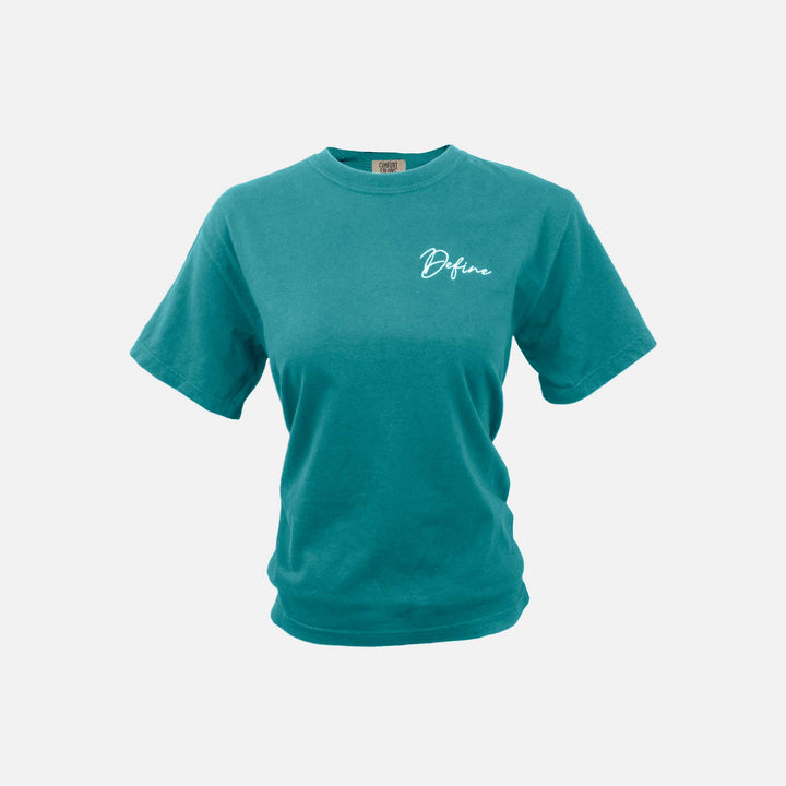 front of seafoam colored t-shirt with define embroidered on the left chest. #color_seafoam-green