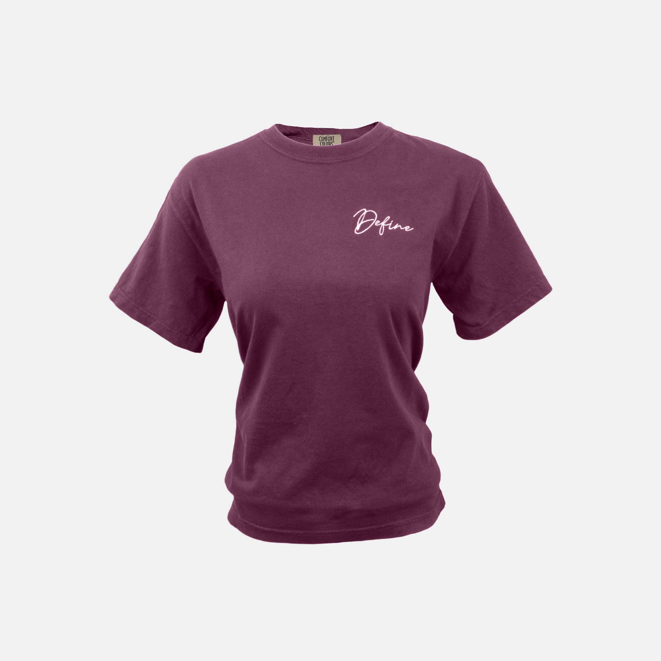 front of vineyard colored t-shirt with define embroidered on the left chest. #color_vineyard