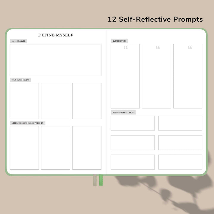 12 self reflective prompts to list your accomplishments, favorite quotes, and core values. #color_courageous-green