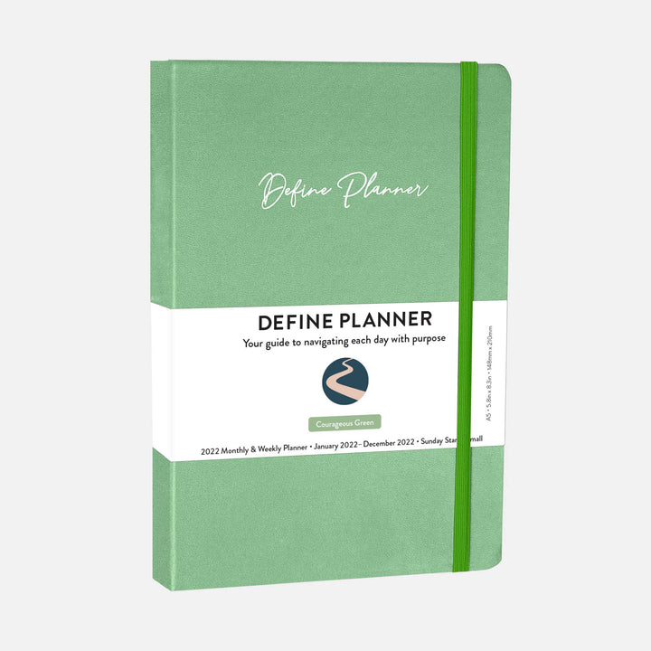 green 2022 monthly and weekly planner. a5 size, blue elastic band closure, and runs from january 2022 to december 2022. #color_courageous-green