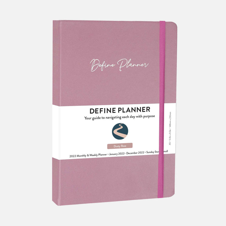 pink 2022 monthly and weekly planner. a5 size, blue elastic band closure, and runs from january 2022 to december 2022. #color_dusty-rose