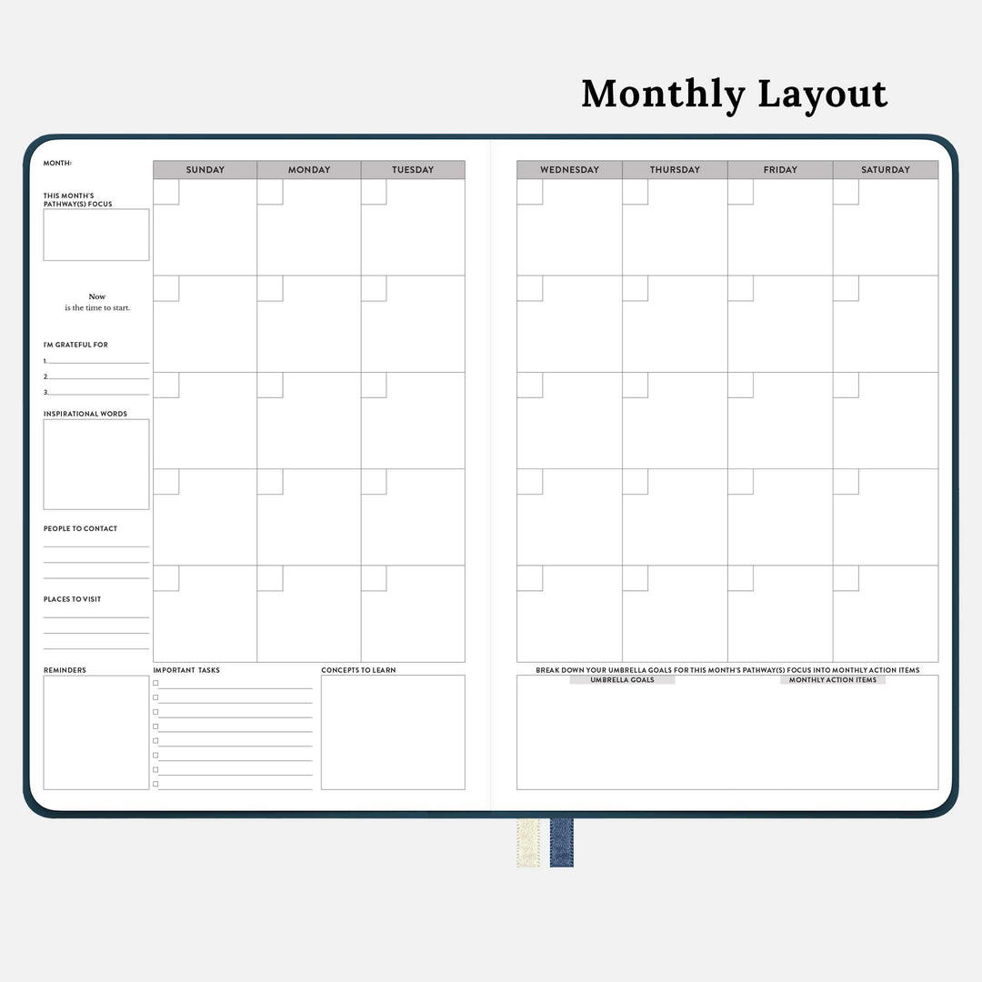 Monthly spread of the blue 12 month undated monthly and weekly planner. #color_balanced-blue