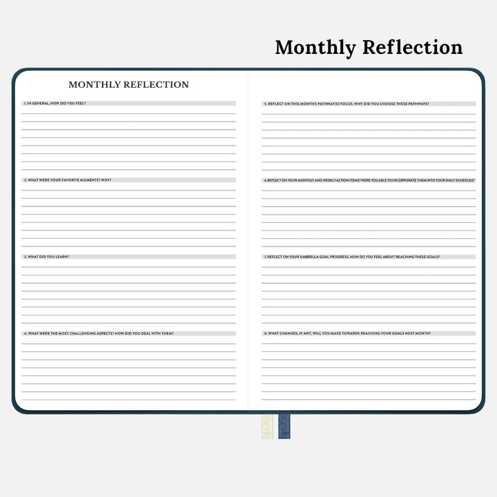 monthly reflection in the blue 12 month undated monthly and weekly planner. #color_balanced-blue