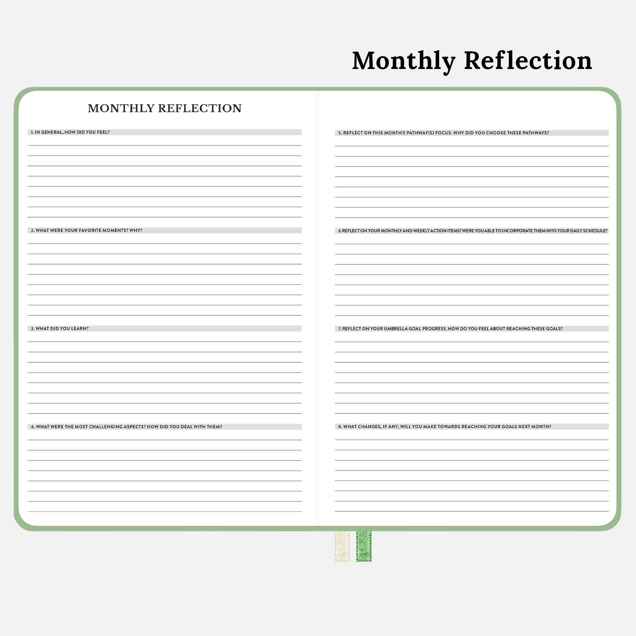 The monthly reflection of the green 12-month undated monthly & weekly planner. Reflect on the month and adjust your umbrella goals as needed. #color_courageous-green