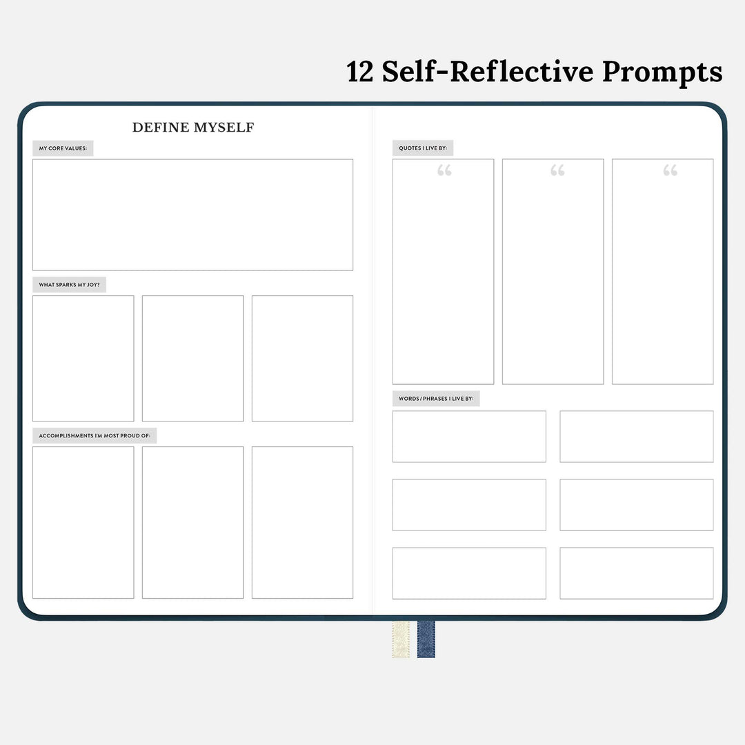 12 self reflective prompts in the blue 12 month undated monthly and weekly planner. #color_balanced-blue