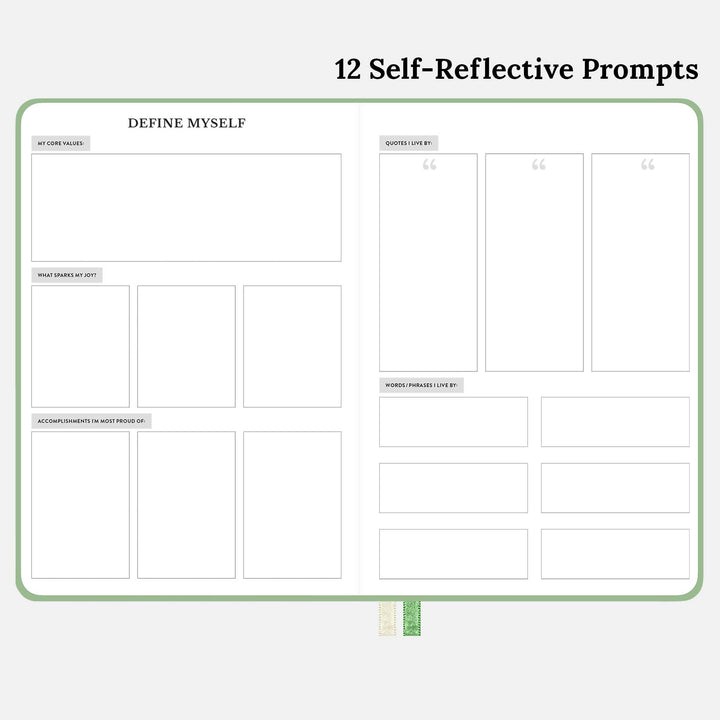 12 Self-Reflective Prompts of the Green 12 Month undated monthly and weekly planner. #color_courageous-green