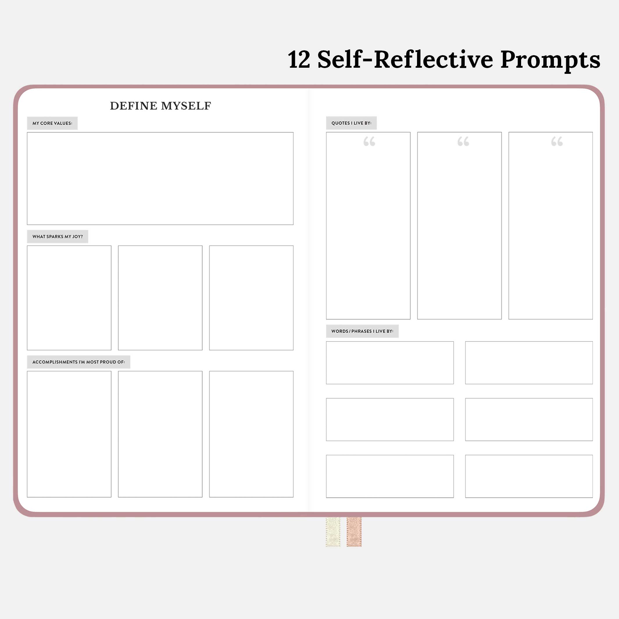 12 self reflective prompts in the pink 12 month undated monthly and weekly planner.#color_dusty-rose
