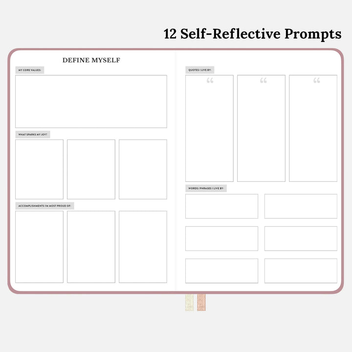 12 self reflective prompts in the pink 12 month undated monthly and weekly planner.#color_dusty-rose