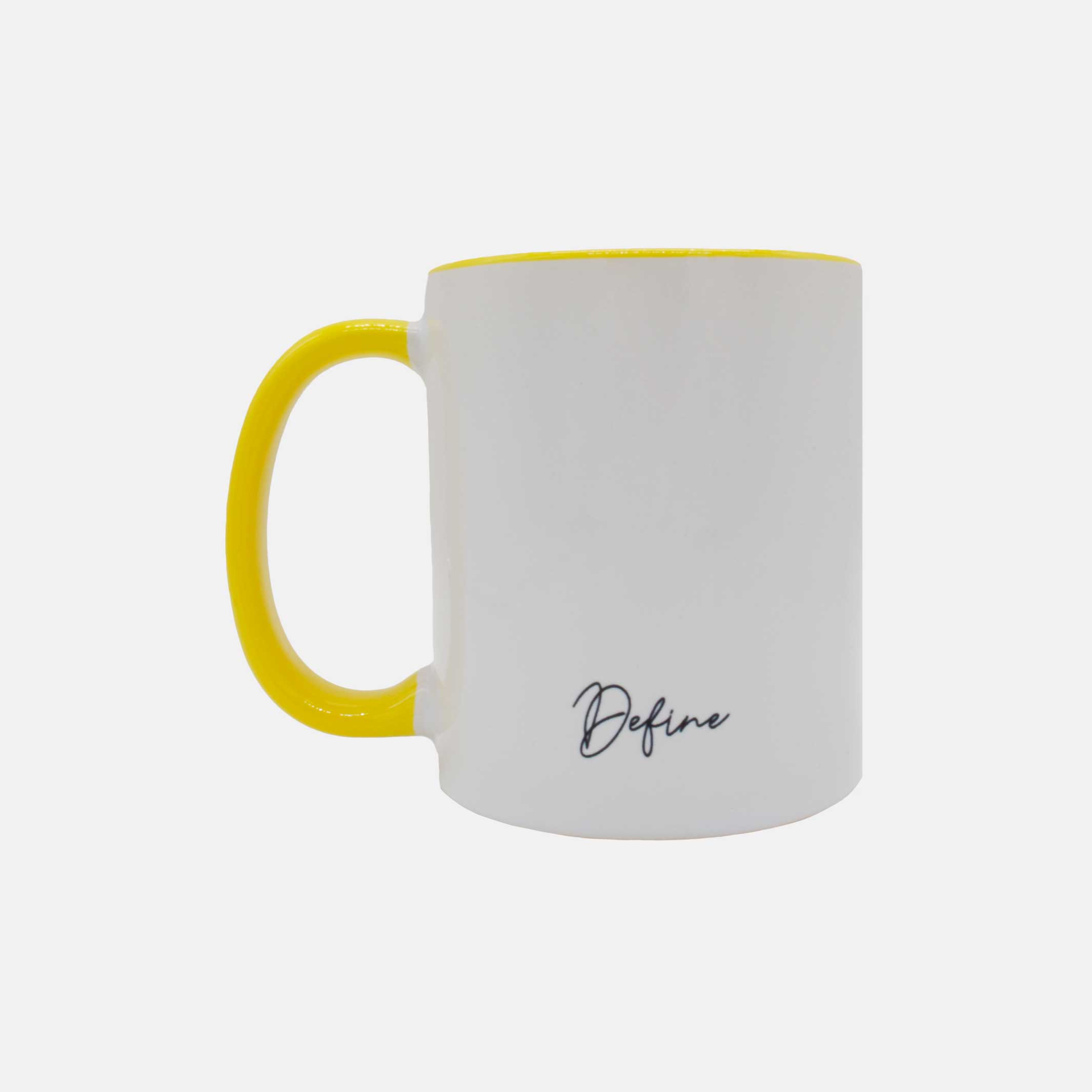 Back of the white mug with yellow handle. Printed on the bottom is the company's name "Define". #color_yellow
