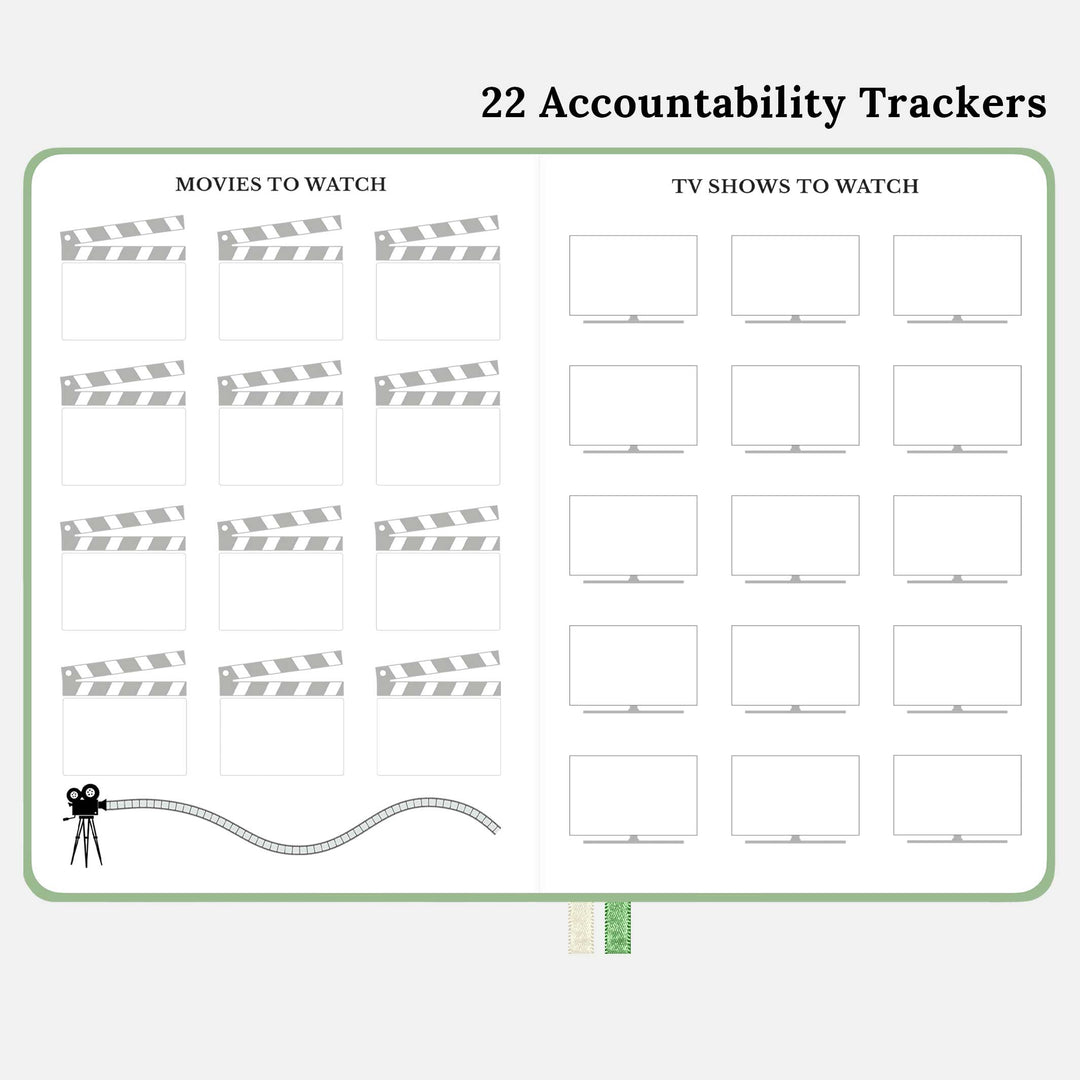Accountability trackers in the undated planner to record movies and tv shows you want to watch. #color_courageous-green